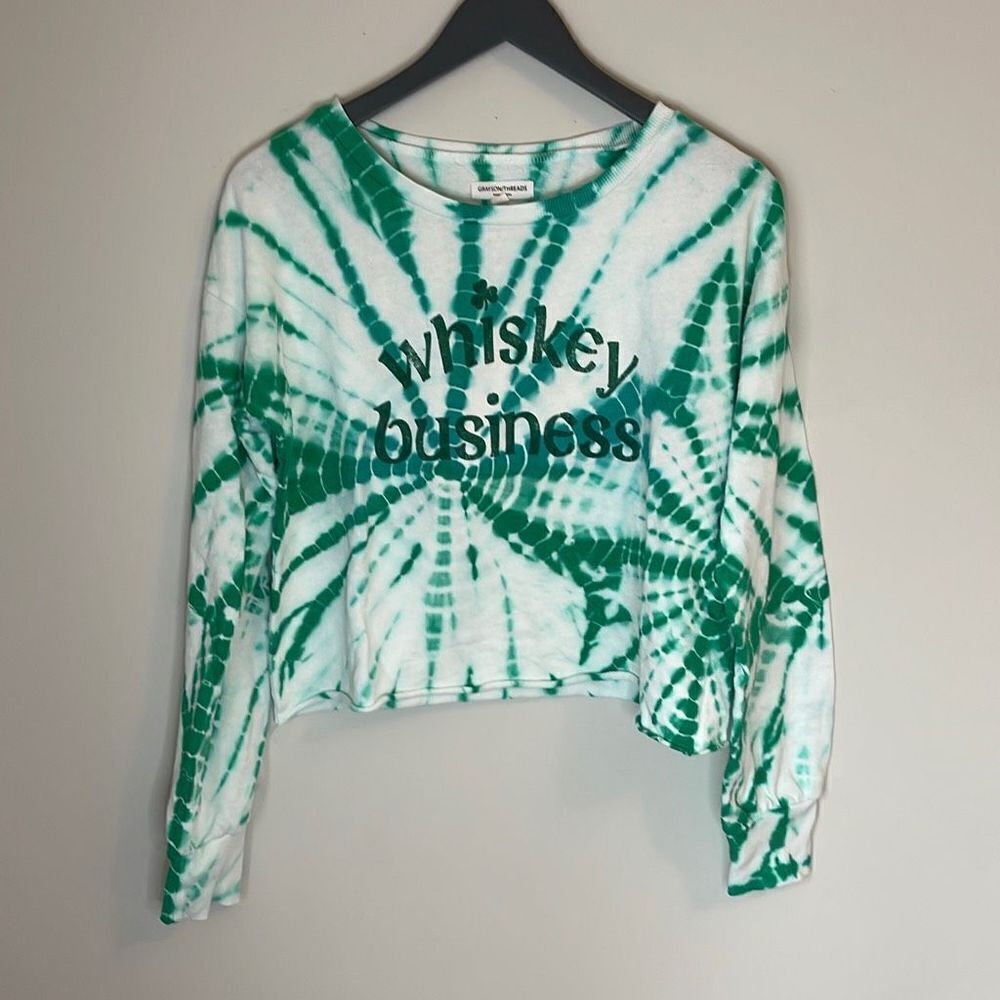 Grayson Threads Women's Green Tie Dye Long Sleeve Crop Top Shirt Size Small